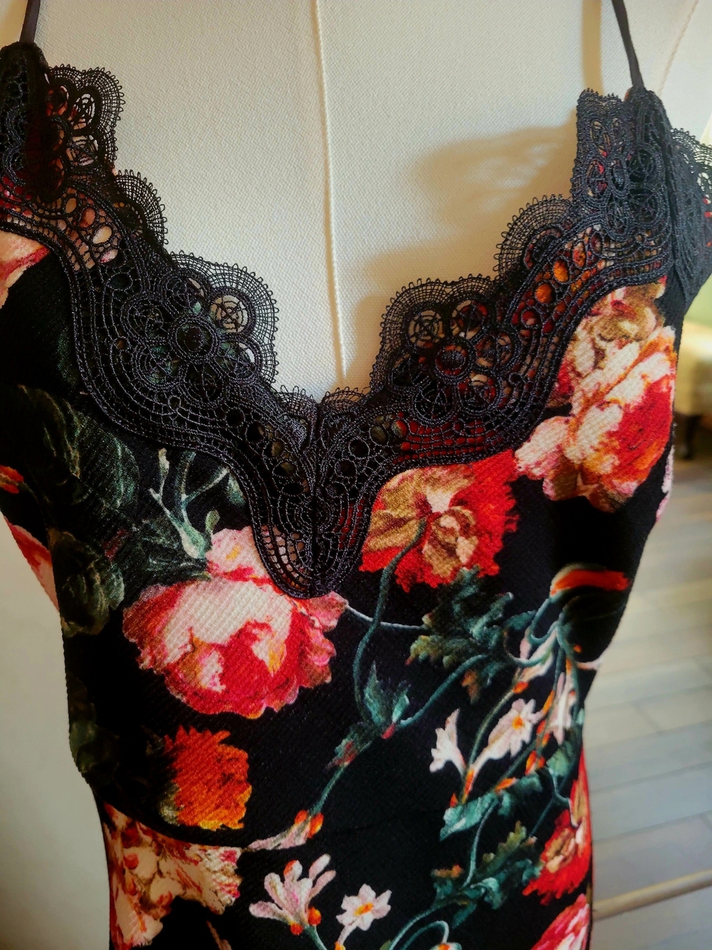 foxiedox Black Slip Dress with Red Floral & Green Leaves ANTHROPOLOGY
